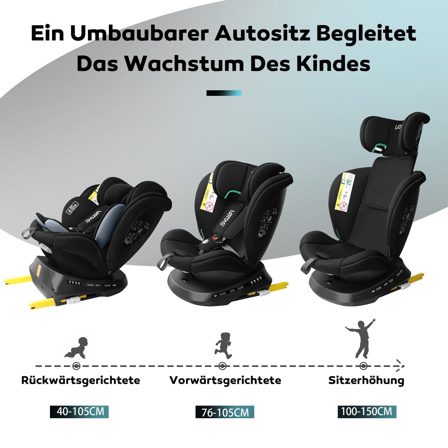 LETTAS i-Size Kindersitz 360° drehbar, Isofix, 40–150 cm, 0–12 Jahre