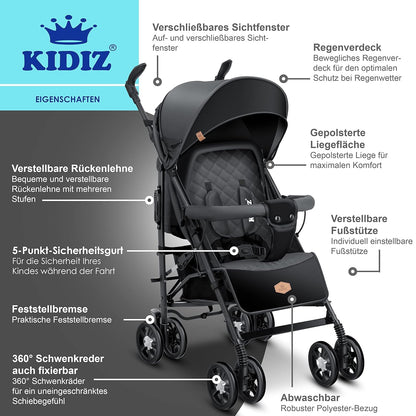KIDIZ City-Pro Buggy, klappbar & liegefunktion, bis 22 kg, Anthrazit
