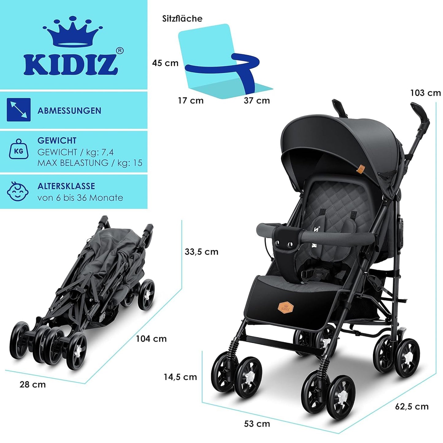 KIDIZ City-Pro Buggy, klappbar & liegefunktion, bis 22 kg, Anthrazit
