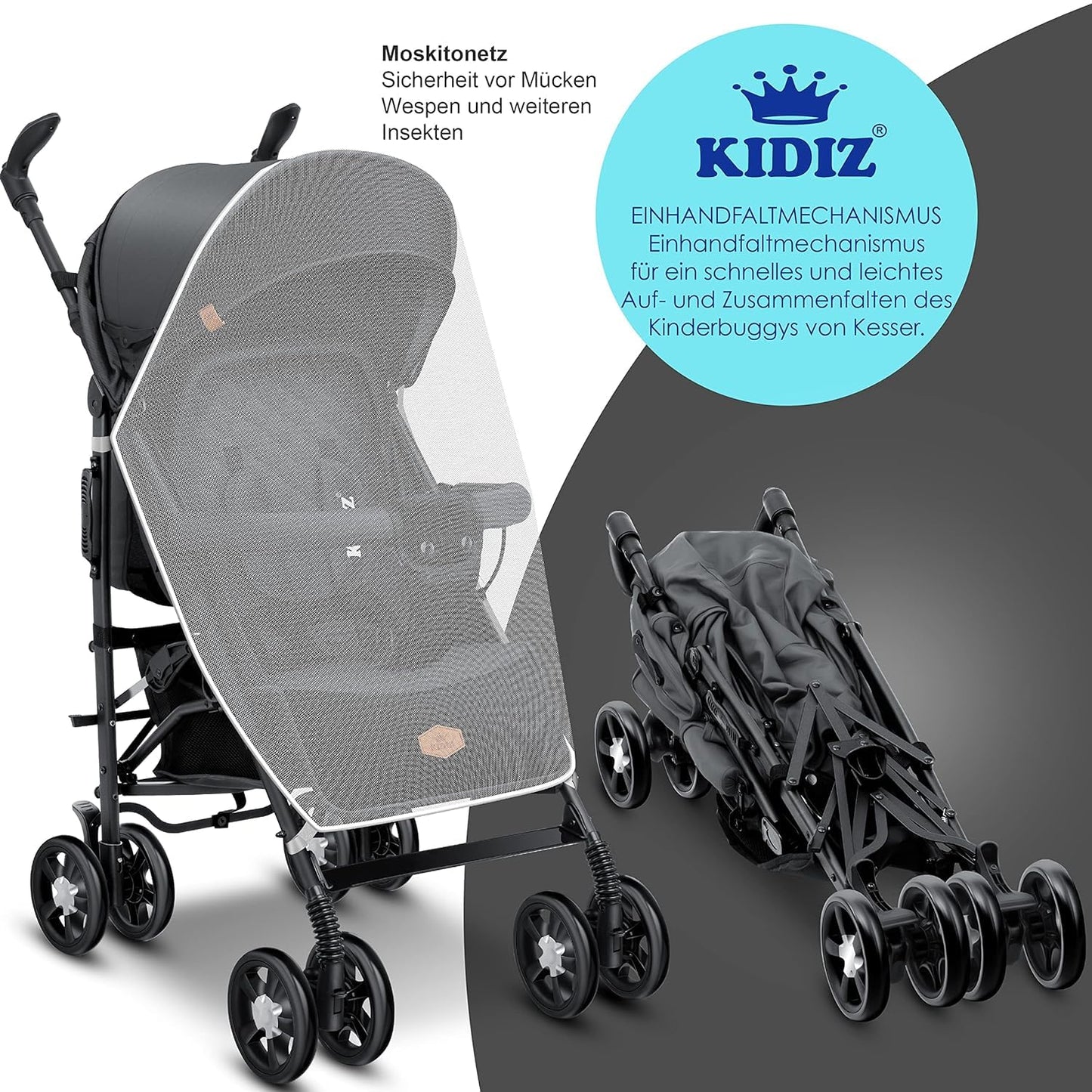 KIDIZ City-Pro Buggy, klappbar & liegefunktion, bis 22 kg, Anthrazit